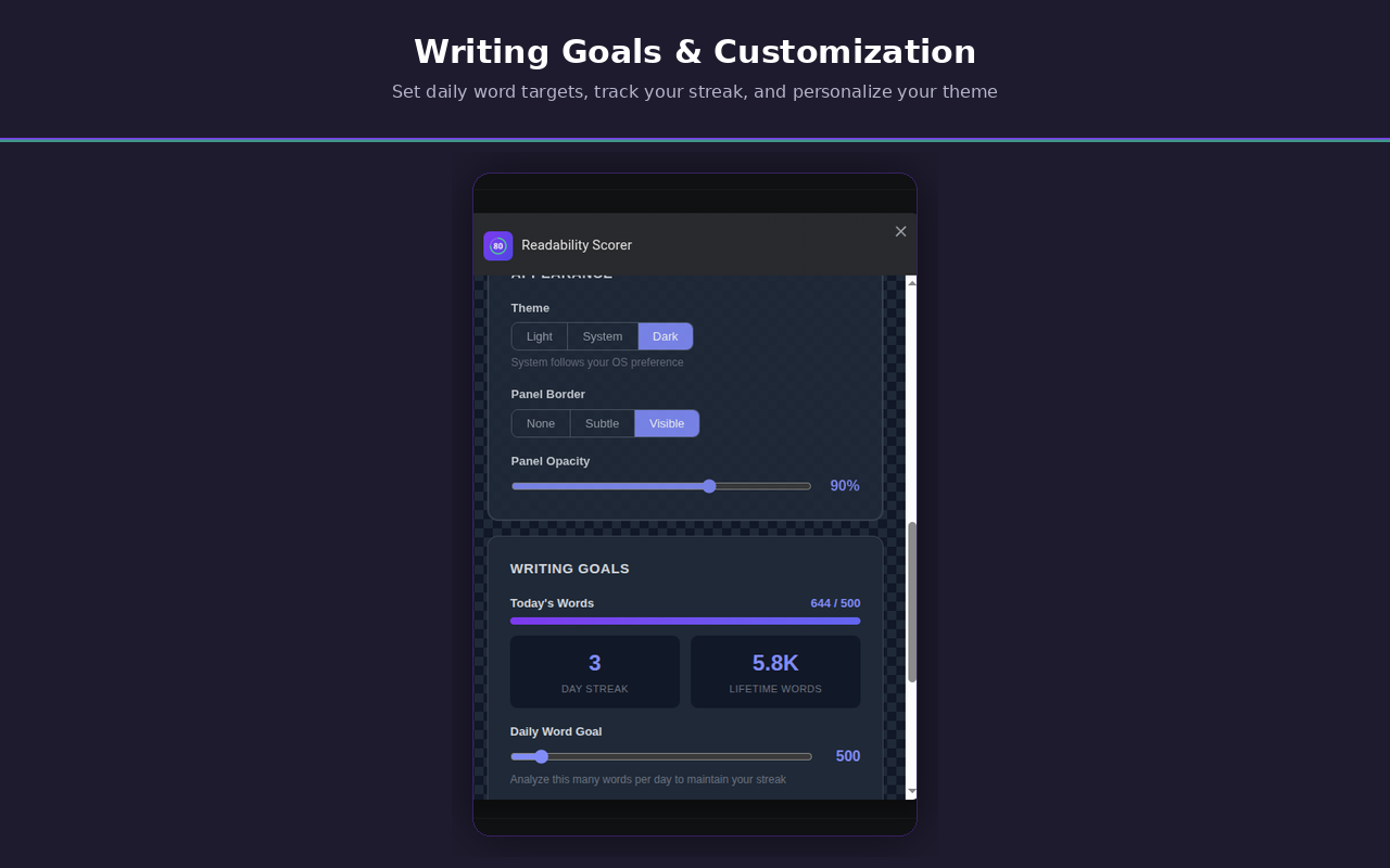 Readability Scorer settings and writing goals